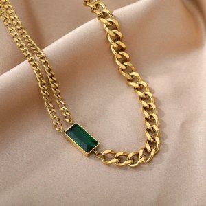 18K Gold Plated Vintage Emerald Asymmetric Cuban Necklace